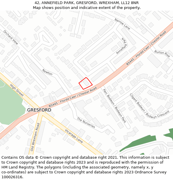 42, ANNEFIELD PARK, GRESFORD, WREXHAM, LL12 8NR: Location map and indicative extent of plot