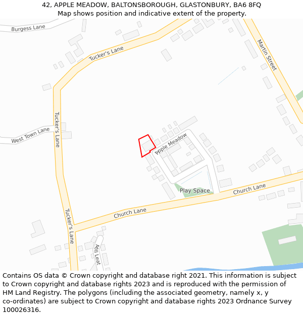 42, APPLE MEADOW, BALTONSBOROUGH, GLASTONBURY, BA6 8FQ: Location map and indicative extent of plot