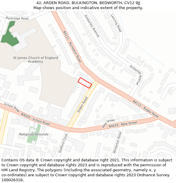 42, ARDEN ROAD, BULKINGTON, BEDWORTH, CV12 9JJ: Location map and indicative extent of plot