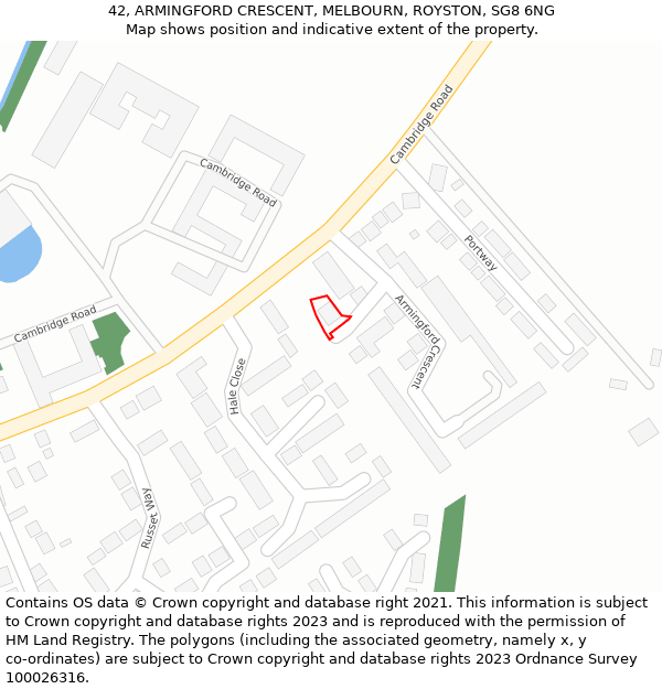 42, ARMINGFORD CRESCENT, MELBOURN, ROYSTON, SG8 6NG: Location map and indicative extent of plot