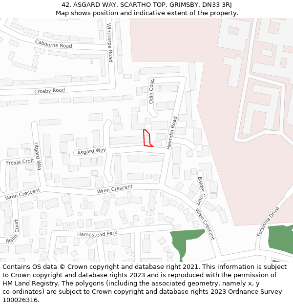 42, ASGARD WAY, SCARTHO TOP, GRIMSBY, DN33 3RJ: Location map and indicative extent of plot