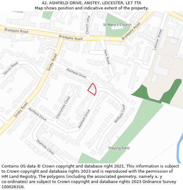 42, ASHFIELD DRIVE, ANSTEY, LEICESTER, LE7 7TA: Location map and indicative extent of plot