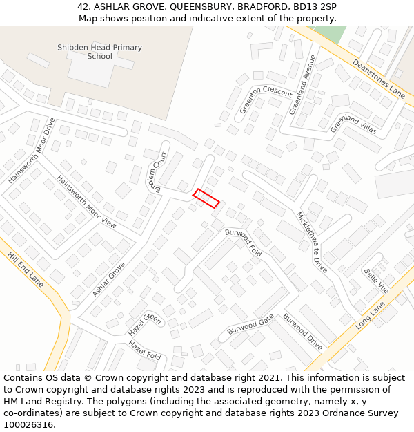 42, ASHLAR GROVE, QUEENSBURY, BRADFORD, BD13 2SP: Location map and indicative extent of plot