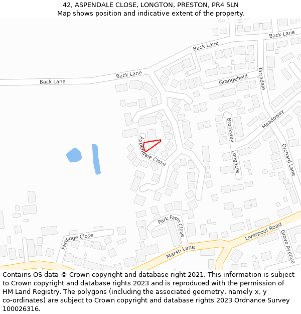 42, ASPENDALE CLOSE, LONGTON, PRESTON, PR4 5LN: Location map and indicative extent of plot