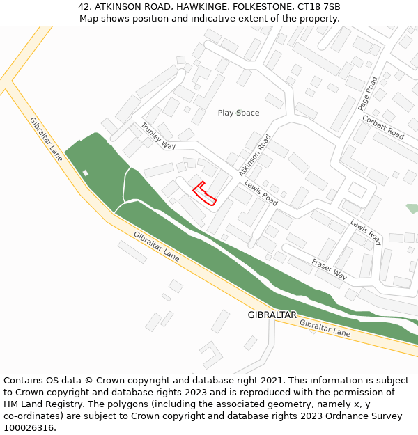 42, ATKINSON ROAD, HAWKINGE, FOLKESTONE, CT18 7SB: Location map and indicative extent of plot