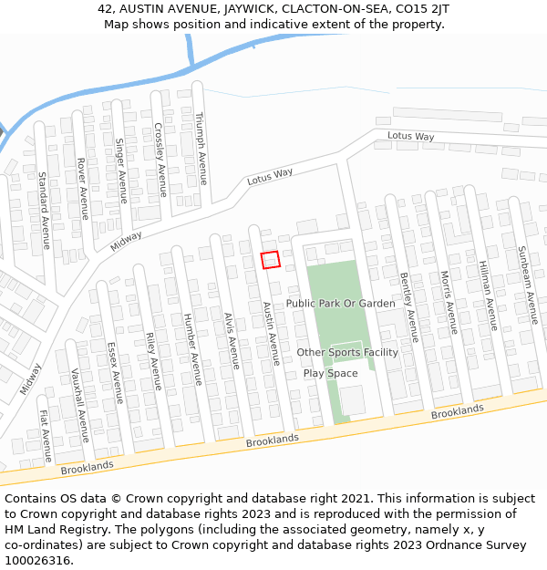 42, AUSTIN AVENUE, JAYWICK, CLACTON-ON-SEA, CO15 2JT: Location map and indicative extent of plot