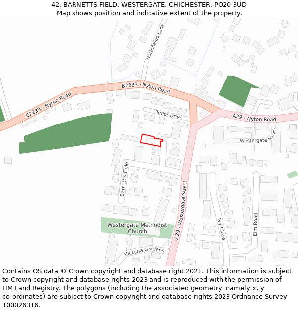 42, BARNETTS FIELD, WESTERGATE, CHICHESTER, PO20 3UD: Location map and indicative extent of plot