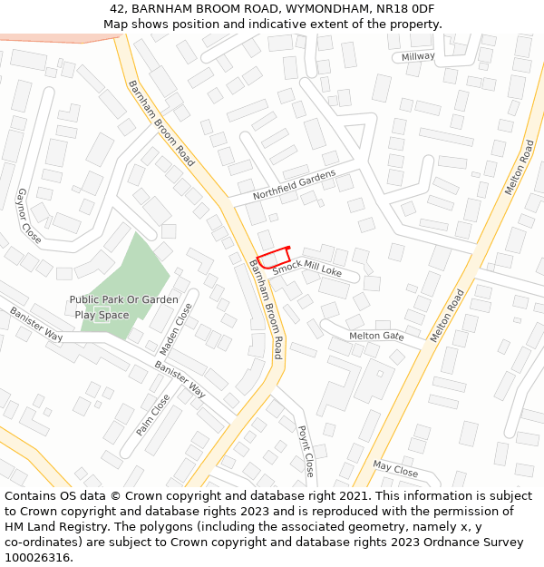 42, BARNHAM BROOM ROAD, WYMONDHAM, NR18 0DF: Location map and indicative extent of plot