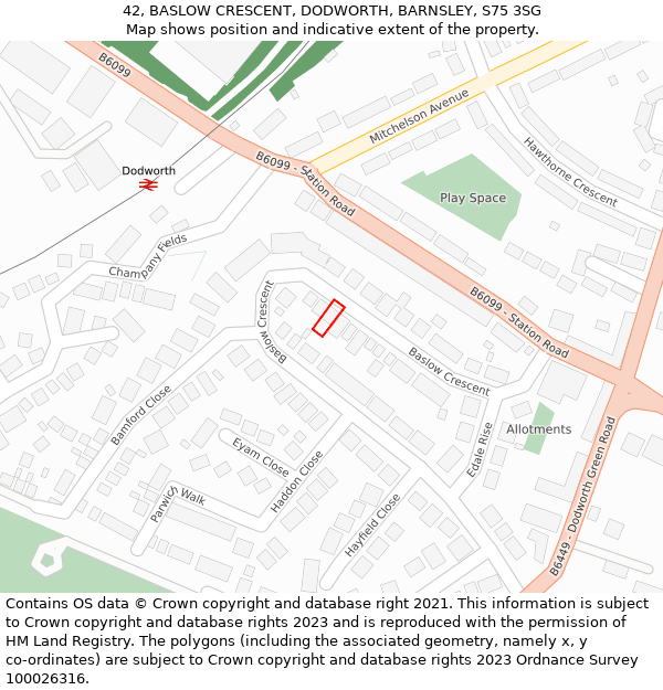 42, BASLOW CRESCENT, DODWORTH, BARNSLEY, S75 3SG: Location map and indicative extent of plot