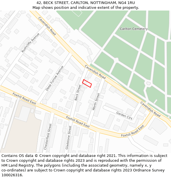 42, BECK STREET, CARLTON, NOTTINGHAM, NG4 1RU: Location map and indicative extent of plot