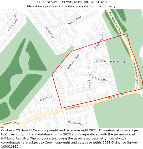 42, BEDESWELL CLOSE, HEBBURN, NE31 2GB: Location map and indicative extent of plot