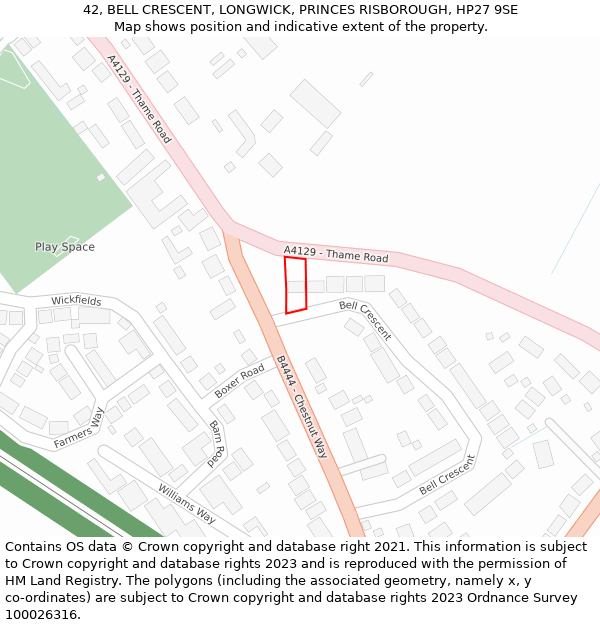 42, BELL CRESCENT, LONGWICK, PRINCES RISBOROUGH, HP27 9SE: Location map and indicative extent of plot