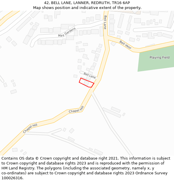 42, BELL LANE, LANNER, REDRUTH, TR16 6AP: Location map and indicative extent of plot