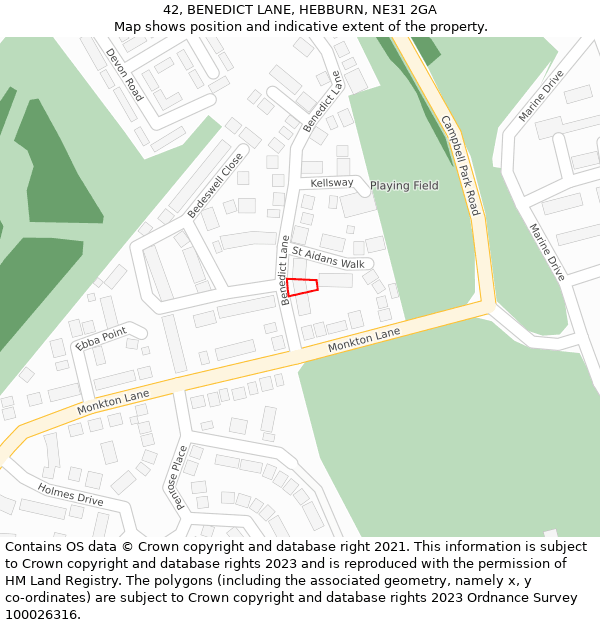 42, BENEDICT LANE, HEBBURN, NE31 2GA: Location map and indicative extent of plot
