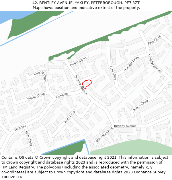 42, BENTLEY AVENUE, YAXLEY, PETERBOROUGH, PE7 3ZT: Location map and indicative extent of plot