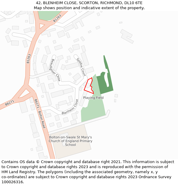 42, BLENHEIM CLOSE, SCORTON, RICHMOND, DL10 6TE: Location map and indicative extent of plot
