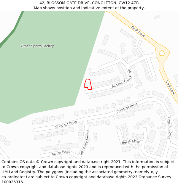 42, BLOSSOM GATE DRIVE, CONGLETON, CW12 4ZR: Location map and indicative extent of plot