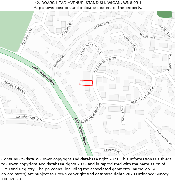 42, BOARS HEAD AVENUE, STANDISH, WIGAN, WN6 0BH: Location map and indicative extent of plot