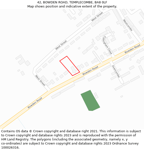 42, BOWDEN ROAD, TEMPLECOMBE, BA8 0LF: Location map and indicative extent of plot