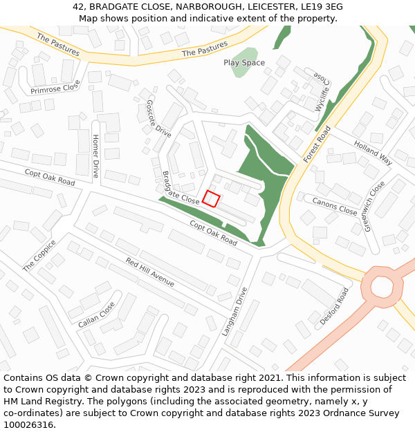 42, BRADGATE CLOSE, NARBOROUGH, LEICESTER, LE19 3EG: Location map and indicative extent of plot