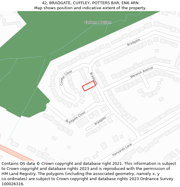 42, BRADGATE, CUFFLEY, POTTERS BAR, EN6 4RN: Location map and indicative extent of plot