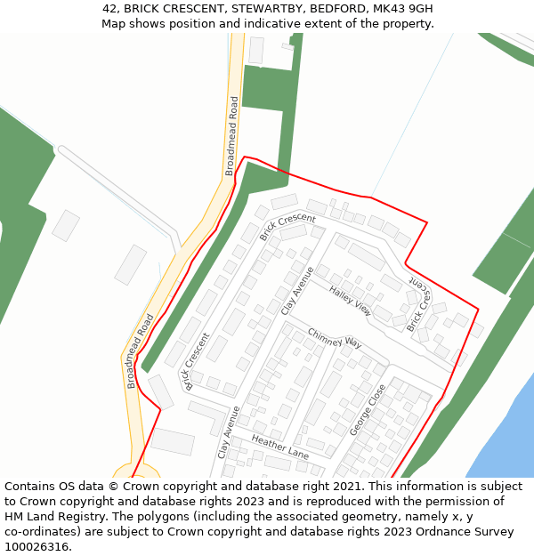 42, BRICK CRESCENT, STEWARTBY, BEDFORD, MK43 9GH: Location map and indicative extent of plot