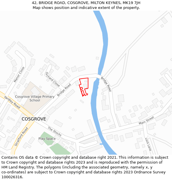 42, BRIDGE ROAD, COSGROVE, MILTON KEYNES, MK19 7JH: Location map and indicative extent of plot