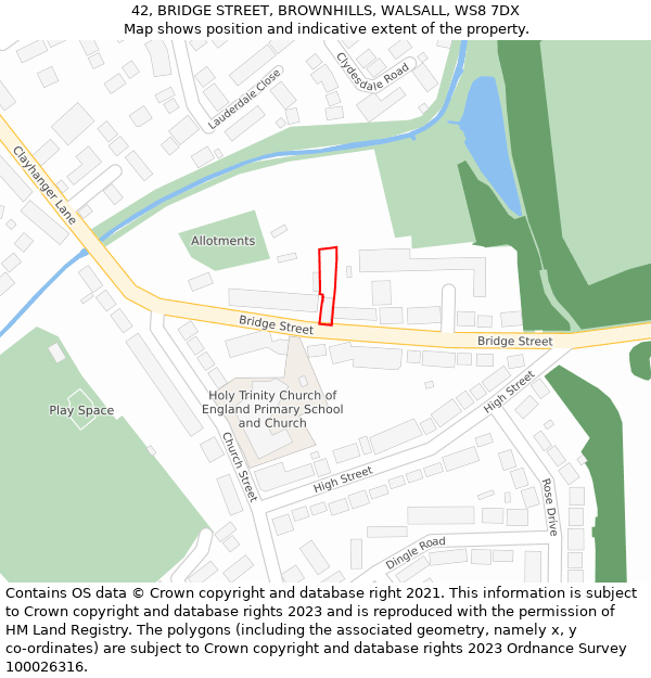 42, BRIDGE STREET, BROWNHILLS, WALSALL, WS8 7DX: Location map and indicative extent of plot