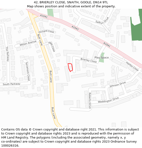 42, BRIERLEY CLOSE, SNAITH, GOOLE, DN14 9TL: Location map and indicative extent of plot