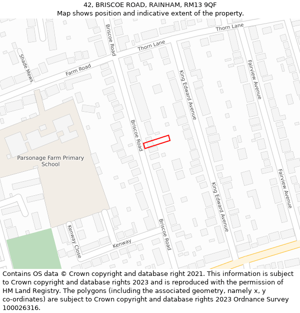 42, BRISCOE ROAD, RAINHAM, RM13 9QF: Location map and indicative extent of plot