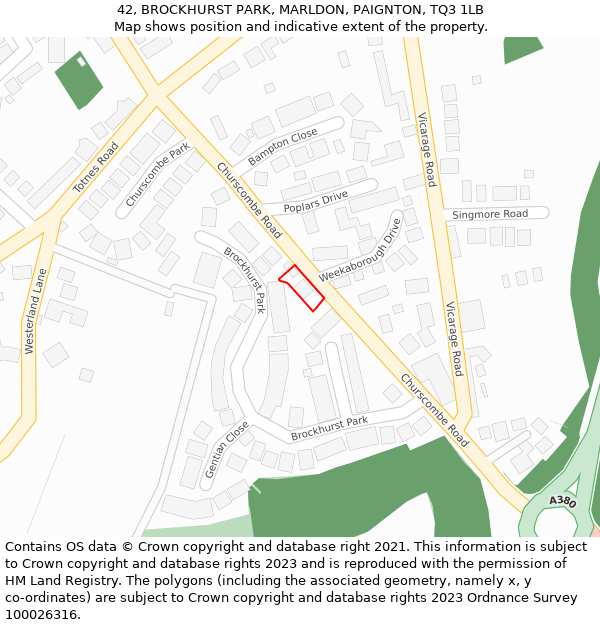 42, BROCKHURST PARK, MARLDON, PAIGNTON, TQ3 1LB: Location map and indicative extent of plot