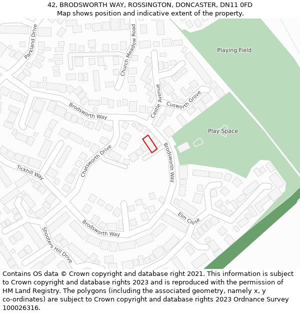 42, BRODSWORTH WAY, ROSSINGTON, DONCASTER, DN11 0FD: Location map and indicative extent of plot