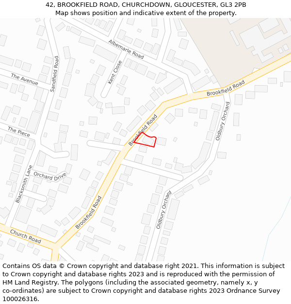 42, BROOKFIELD ROAD, CHURCHDOWN, GLOUCESTER, GL3 2PB: Location map and indicative extent of plot