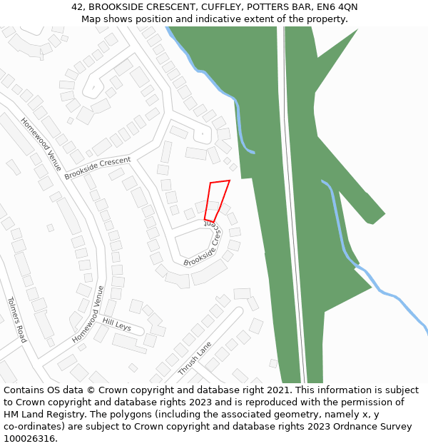 42, BROOKSIDE CRESCENT, CUFFLEY, POTTERS BAR, EN6 4QN: Location map and indicative extent of plot