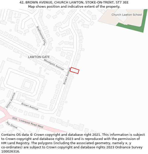 42, BROWN AVENUE, CHURCH LAWTON, STOKE-ON-TRENT, ST7 3EE: Location map and indicative extent of plot