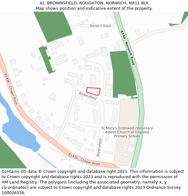 42, BROWNSFIELD, ROUGHTON, NORWICH, NR11 8LX: Location map and indicative extent of plot