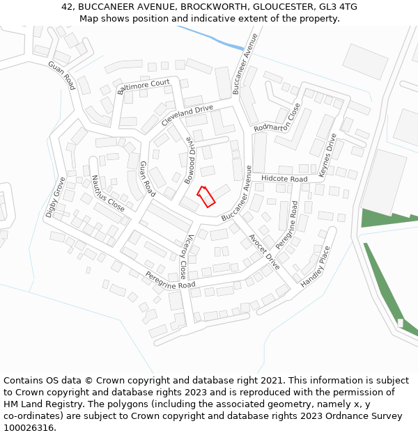 42, BUCCANEER AVENUE, BROCKWORTH, GLOUCESTER, GL3 4TG: Location map and indicative extent of plot