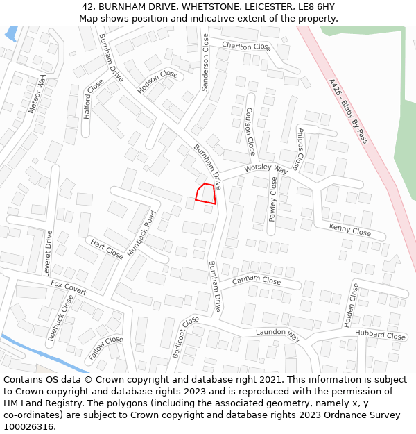 42, BURNHAM DRIVE, WHETSTONE, LEICESTER, LE8 6HY: Location map and indicative extent of plot