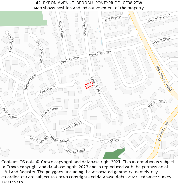 42, BYRON AVENUE, BEDDAU, PONTYPRIDD, CF38 2TW: Location map and indicative extent of plot