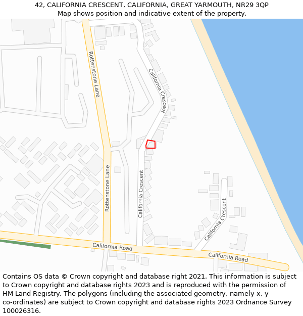 42, CALIFORNIA CRESCENT, CALIFORNIA, GREAT YARMOUTH, NR29 3QP: Location map and indicative extent of plot