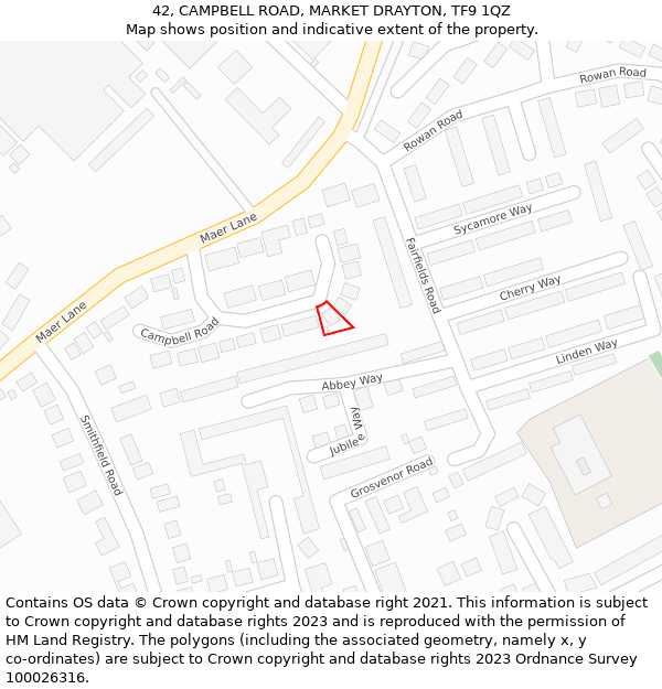 42, CAMPBELL ROAD, MARKET DRAYTON, TF9 1QZ: Location map and indicative extent of plot