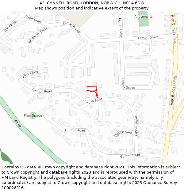 42, CANNELL ROAD, LODDON, NORWICH, NR14 6DW: Location map and indicative extent of plot