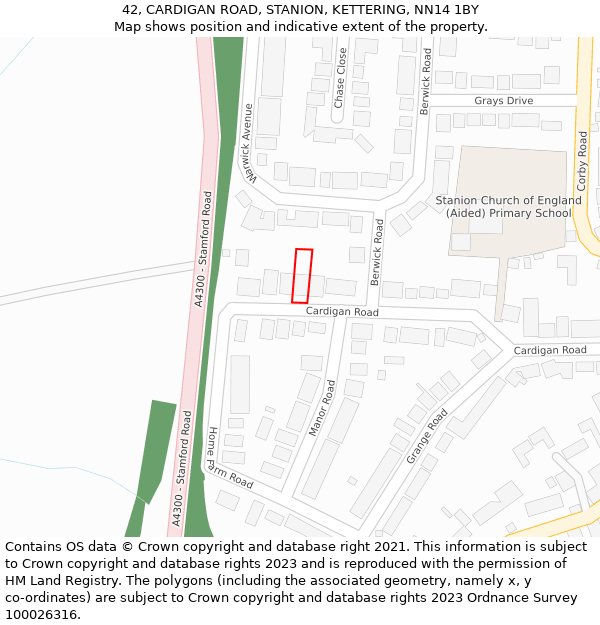 42, CARDIGAN ROAD, STANION, KETTERING, NN14 1BY: Location map and indicative extent of plot