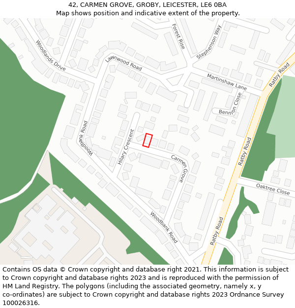 42, CARMEN GROVE, GROBY, LEICESTER, LE6 0BA: Location map and indicative extent of plot