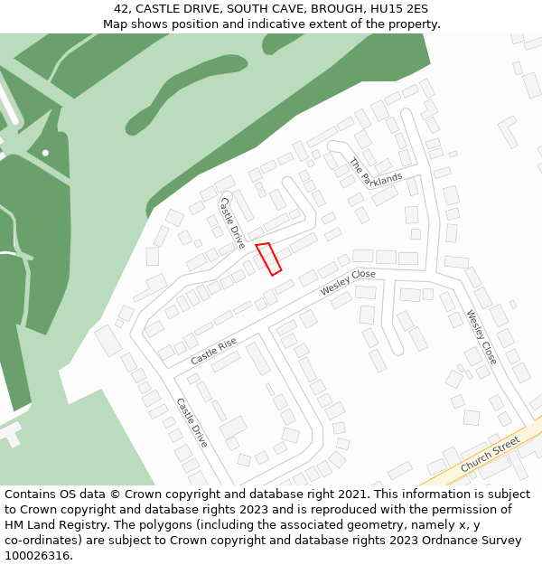 42, CASTLE DRIVE, SOUTH CAVE, BROUGH, HU15 2ES: Location map and indicative extent of plot