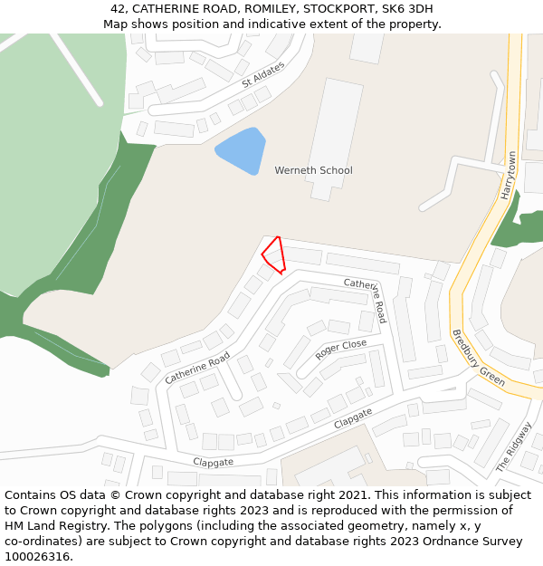 42, CATHERINE ROAD, ROMILEY, STOCKPORT, SK6 3DH: Location map and indicative extent of plot