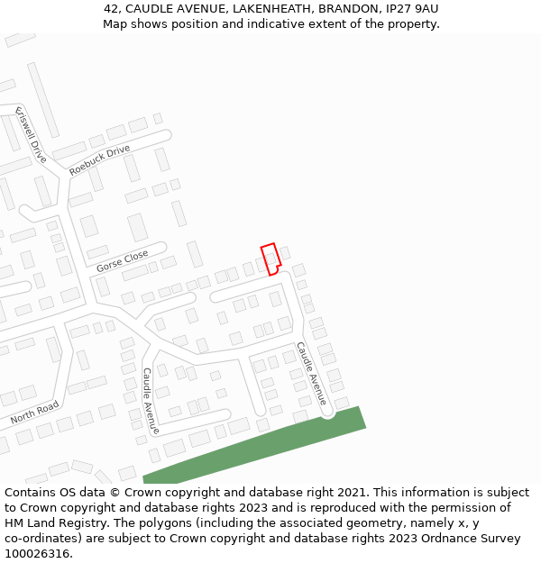 42, CAUDLE AVENUE, LAKENHEATH, BRANDON, IP27 9AU: Location map and indicative extent of plot
