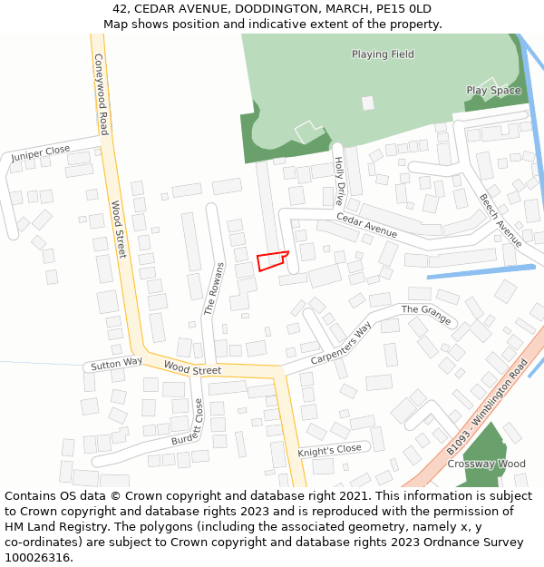 42, CEDAR AVENUE, DODDINGTON, MARCH, PE15 0LD: Location map and indicative extent of plot