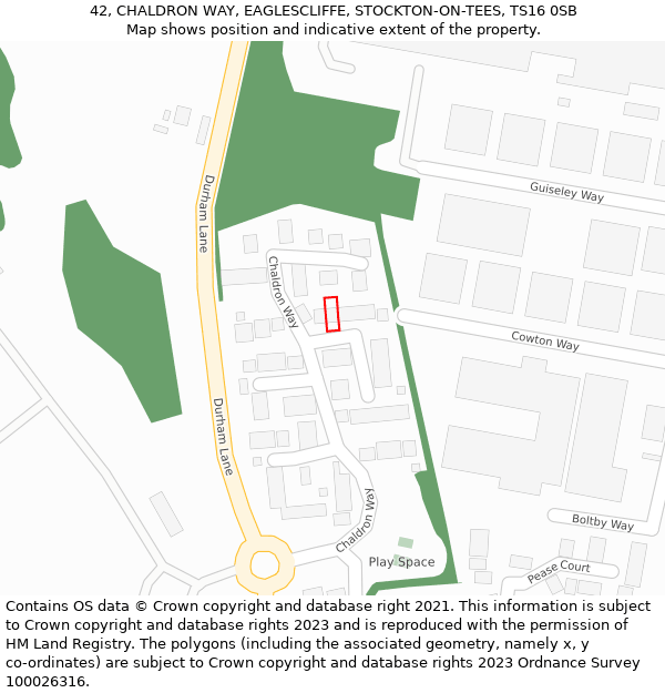 42, CHALDRON WAY, EAGLESCLIFFE, STOCKTON-ON-TEES, TS16 0SB: Location map and indicative extent of plot