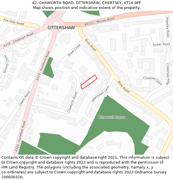 42, CHAWORTH ROAD, OTTERSHAW, CHERTSEY, KT16 0PF: Location map and indicative extent of plot